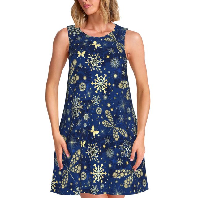 Easygdp Dark Blue Christmas para Vestido Transpirable de Mujer, Vestido Suelto de Manga Corta con Pliegues y Bolsillos para el Verano