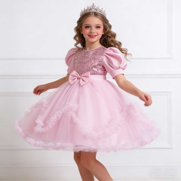ITSAME Girls Formal Tutu Dresses Sequin Bow Puff Sleeve Princess Wedding Pageant Party Gown Pink Size 7-8