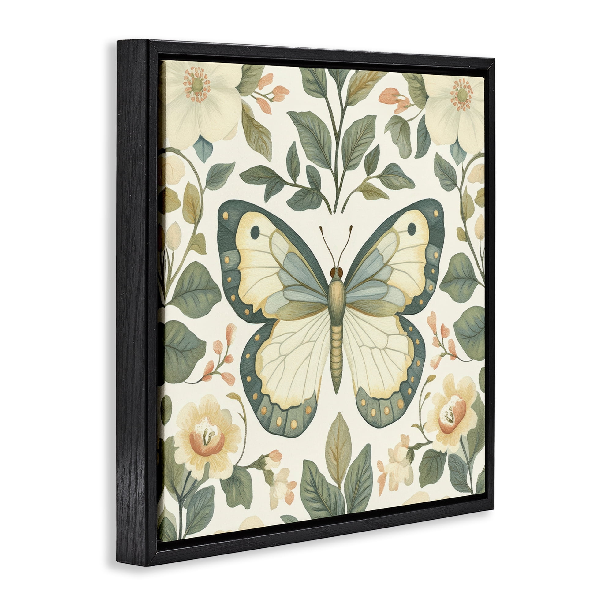 Stupell Industries Sage Butterfly and Florals Black Framed Floater Canvas Wall Art, design by Petal Prints Design