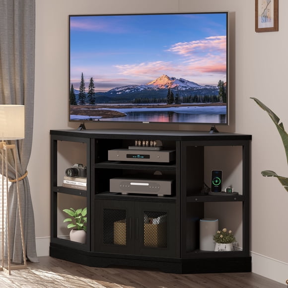 DEXTRUS Meuble Télé d'Angle Style Ferme de 47,5 Pouces pour Téléviseurs jusqu'à 55 Pouces avec Prise de Courant, Centre de Divertissement en Bois, Console Multimédia pour Télé avec Rangement, Noir