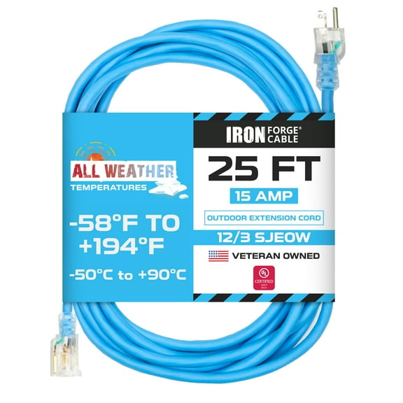 25 Ft All Weather Extension Cord - Stays Flexible in Extreme Cold Hot Temperatures from -58 to 221 - 123 SJEOW Heavy Duty Lighted Outdoor Extension Cable