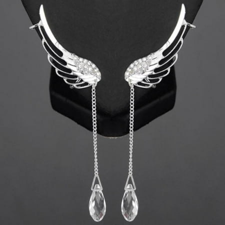 - SEXY SPARKLES Angel Wing Earrings Silver Tone Crystal Glass Teardrop Tassel W/Clear Rhinestone