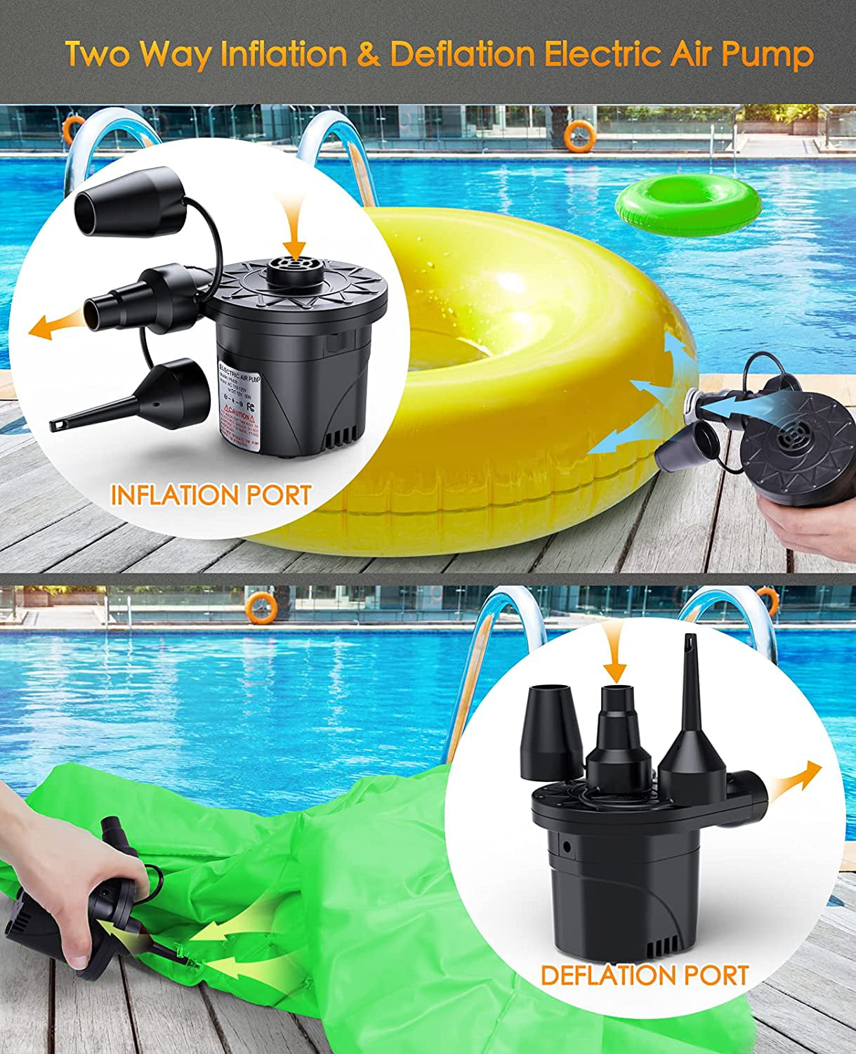 Electric Air Pump Inflator Deflate 3 Nozzles for Air Bed Mattress Boat 110/12V A 