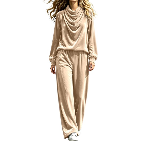 Womens 2 Piece Velour Tracksuit Oversized Cowl Neck Top Jogger Pants Sets Comfy Casual Outfit, Loose FIt Home Loungewear, Fall Winter Fashion Sweatsuits(Beige,XL)