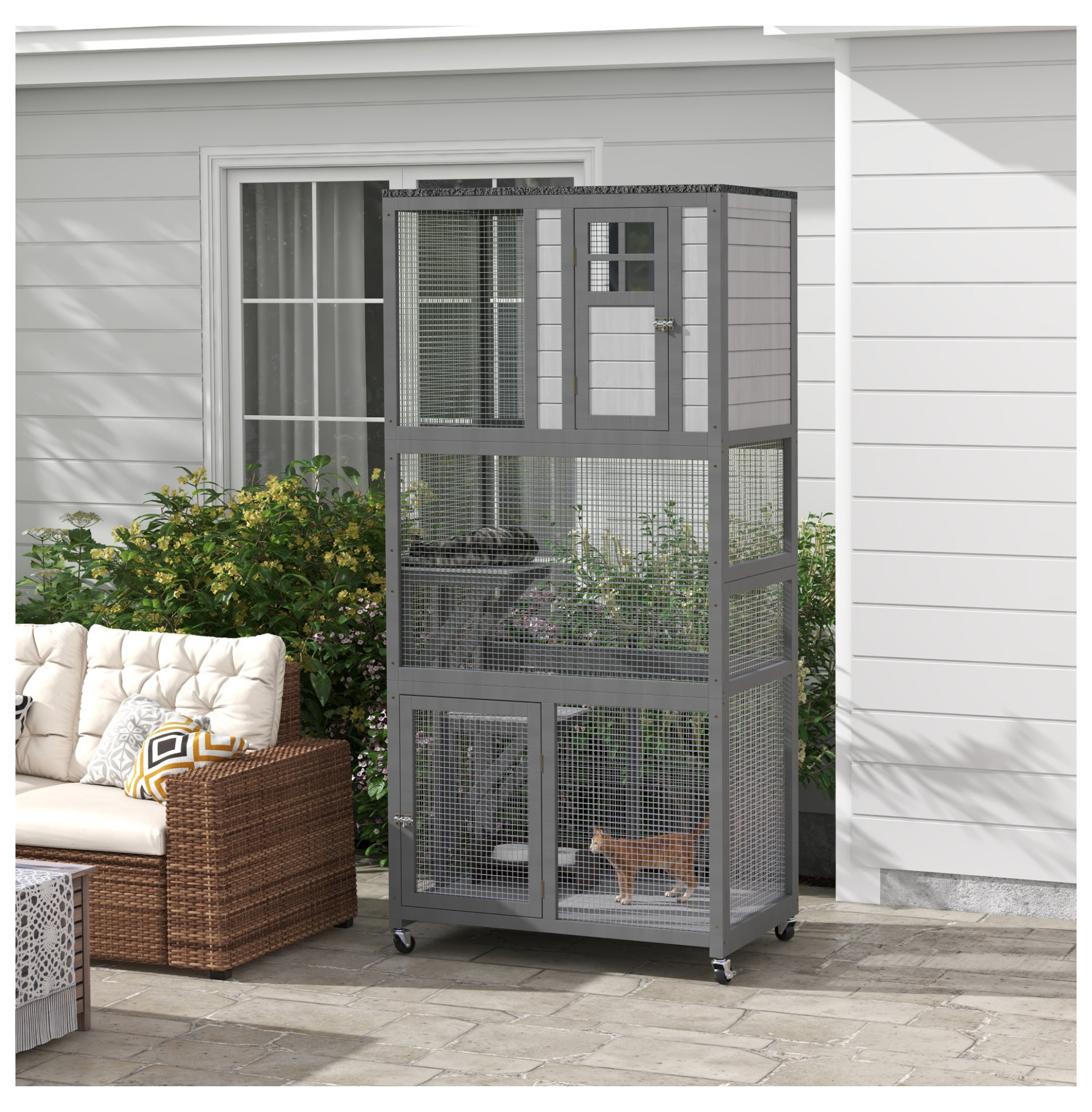 74" Wooden Catio Outdoor Cat House Weatherproof & Wheeled, Outside Cat Enclosure with High Weight Capacity, Kitten Cage Condo, Light Gray