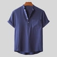 thumbnail image 2 of Lolmot Men Short Sleeved Cotton Linen Casual Shirts Solid Color Stand Collar Loose Tops Sports Vacation Beach Top Shirt Blouse with Pocket, 2 of 5