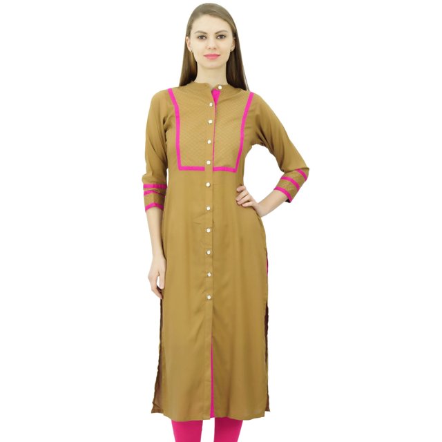 Phagun Womens Rayon Straight Tunic Kurta Open Front Kurti Mandarin Collar Indian Top