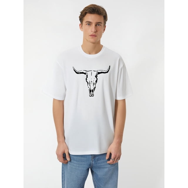 Men'S Casual Crew Neck T-Shirt with Sheep Skull Print, Slight Stretch, Regular Fit, Fashionable Summer Top for Sports and Leisure