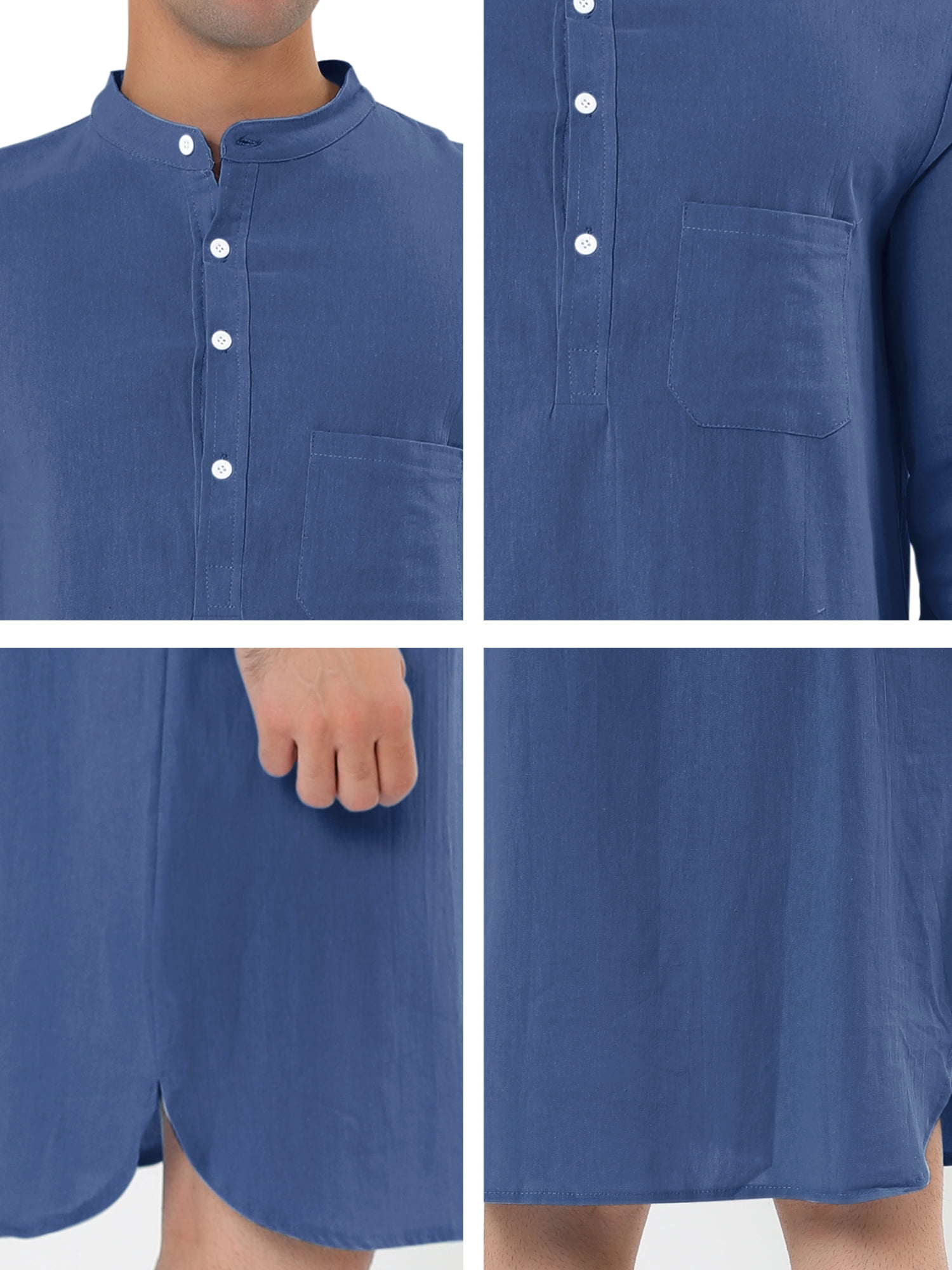 Unique Bargains Men's Banded Collar Nightshirt Sleep Shirt Nightgown L Navy
