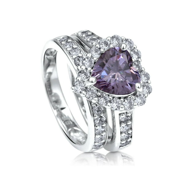 Berricle Rhodium Plated Silver Heart Shaped Purple Cubic Zirconia CZ Halo Engagement Ring Set