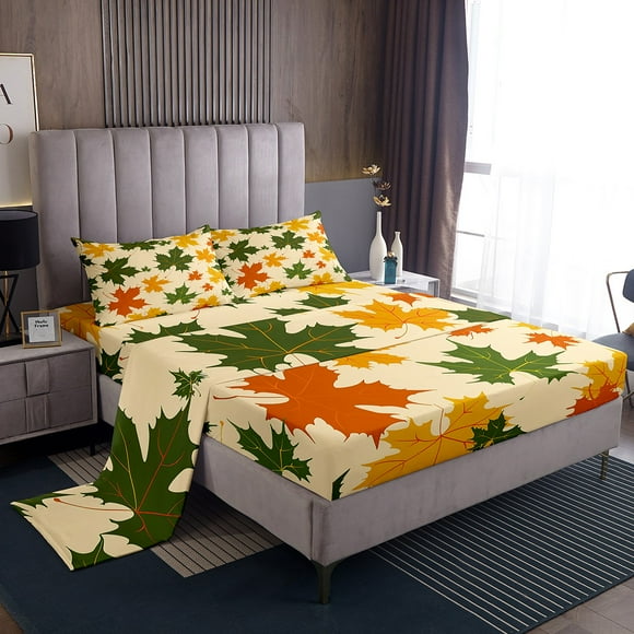 Fall Leaves Bed Sheets Set Maple Leaf Sheets,Watercolor Botanical Sheet Set Twin,Autumn Plant Bedding Set Farmhouse Fall Bedroom Decor
