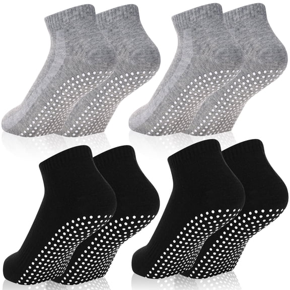 4 Pairs Non Slip Socks with Grip, Anti Slip Socks with Cushion,Full Toe Ankle Fall Prevention Socks with Grip,Non Skid Socks for Yoga,Pilates,Dance,Ballet,Men,Women(Black, dark gray)
