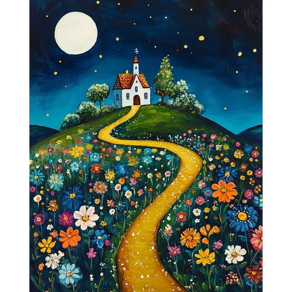 Paint by Numbers for Adults Kids Beginner Dreaming of a Church on a Flower Path on a Moonlit Night DIY Acrylic Painting by Numbers Kits with Brushes Acrylic Pigment Home Decoration Gifts 16 x 20 inch