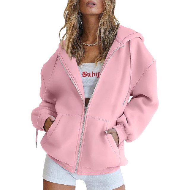 Womens Zip Up Hoodies Long Sleeve Fall Oversized Sweatshirts Fleece Y2K Jacket with Pockets