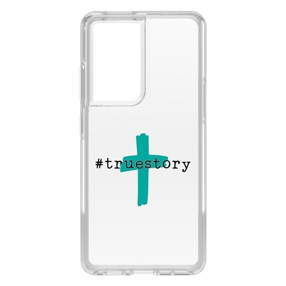 DistinctInk Clear Shockproof Hybrid Case for Galaxy S21 ULTRA 5G (6.8" Screen) - TPU Bumper Acrylic Back Tempered Glass Screen Protector - #truestory - Cross - Christian - Teal