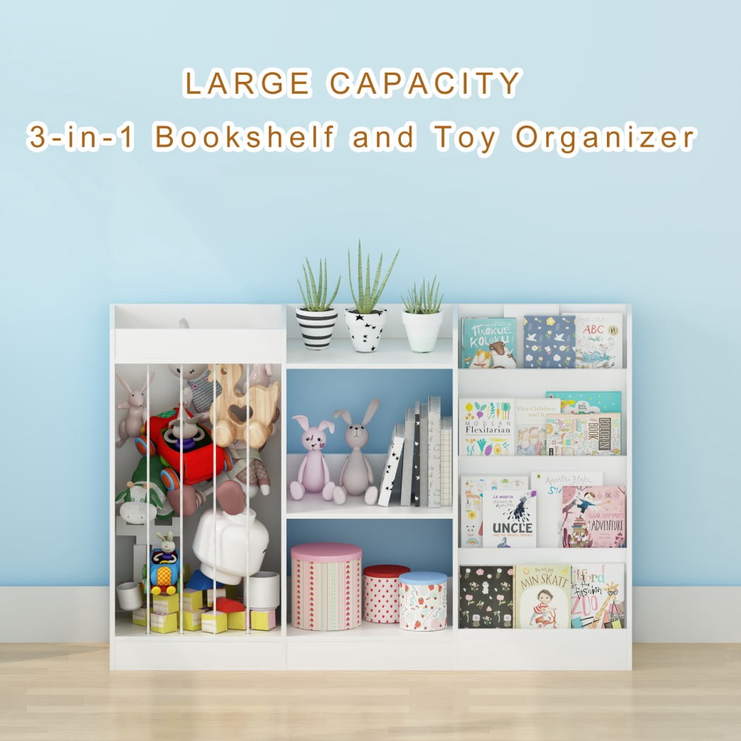 3-in-1 Kids Bookshelf and Toy Storage, 4-Tier Montessori Bookcase with Sling Stuffed Animal Organizer & 3-Tier Toy Shelf for Nursery, Playroom & Kindergarten, White