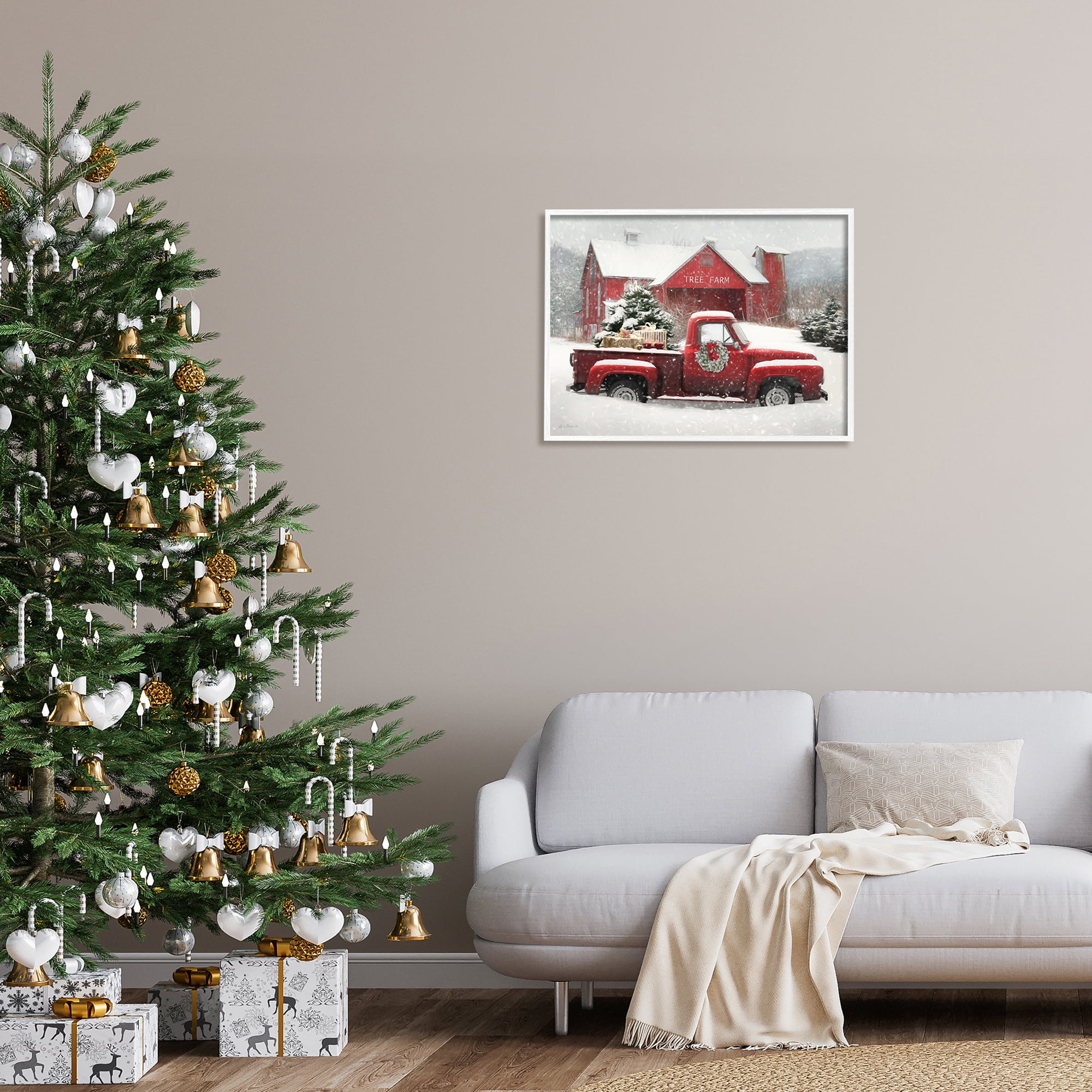 Tree Farm Red Truck Wintery Snow Flurries Transportation Painting Framed Art Print Wall Art