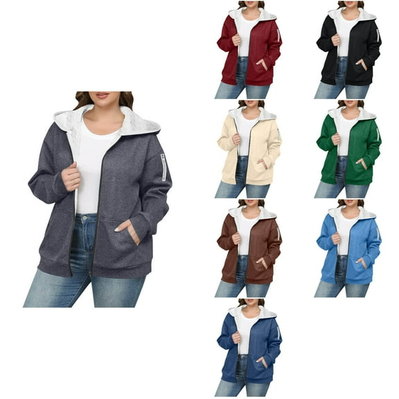 Antinious Women Plus Size Solid Hooded Zipper Jacket Fleece Lined Thickened Long Sleeve Drop Shoulder Outerwear Coat,Winter Trench Coat for Women,Womens Jackets Trendy,Gray,XXL