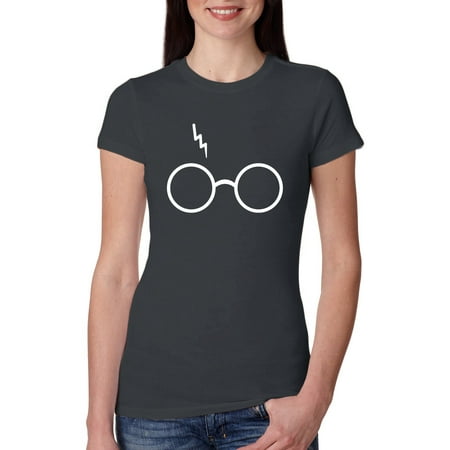 

Wild Bobby Wizard Glasses Scar Pop Culture Women Slim Fit Junior Tee Dark Grey Large