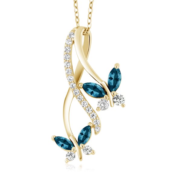 Gem Stone King 18K Yellow Gold Plated Silver Marquise London Blue Topaz Butterfly Pendant Necklace for Women (1.49 Cttw, Gemstone Birthstone, with 18 inch Chain)