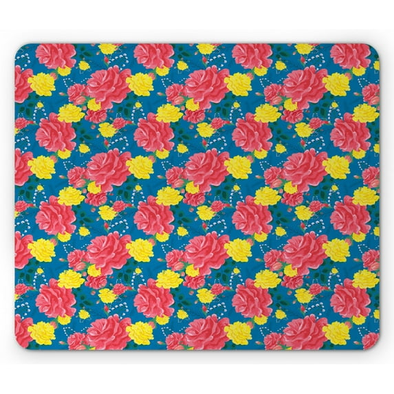 Flower Mouse Pad, Valentine's Day Blossoming Scene Rose Petals Meadow Retro Theme, Rectangle Non-Slip Rubber Mousepad, Coral Violet Blue, by Ambesonne
