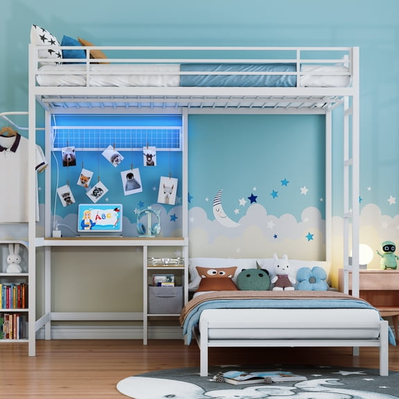 Kacho Twin Over Twin Bunk Bed with Desk, Metal Bunk Beds with Storage Drawers and Shelves, Space Saving Bunk Bed for Teens, Adult, Twin Bunk Bed with Guardrail and Ladder, No Box Spring Needed, White