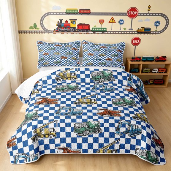 Erosebridal Vintage Truck Twin Quilt Set, Checkered Twin Coverlet Set, Blue Checkered 2 Pieces 1 Bedspread and 1 Pillowcase
