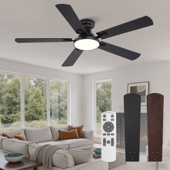 Zardon 52in Ceiling Fan with Light and Remote Control, Modern Flush Mount Ceiling Fan with Reversible DC Motor, Black