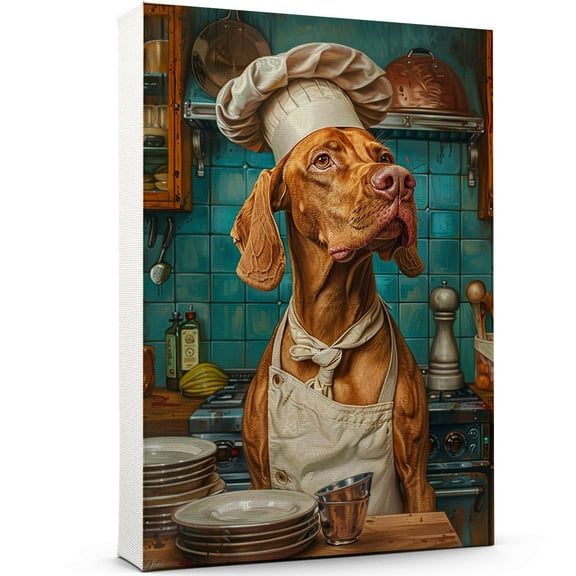 Funny Dog Kitchen Wall Art - Dining Room Wall Decor - Vizsla Cooking Food Canvas Prints for Farmhouse Kitchen Decor, Modern Restaurant Painting Artwork