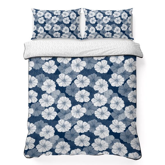 Quilt Sets King Size Blue Flower Comforter Set Soft Bedspread Coverlet 3 Pieces Modern Art Floral Quilted Bedding Set with 2 Pillowcases Thin Comforter Bed Cover 96x106 Inch