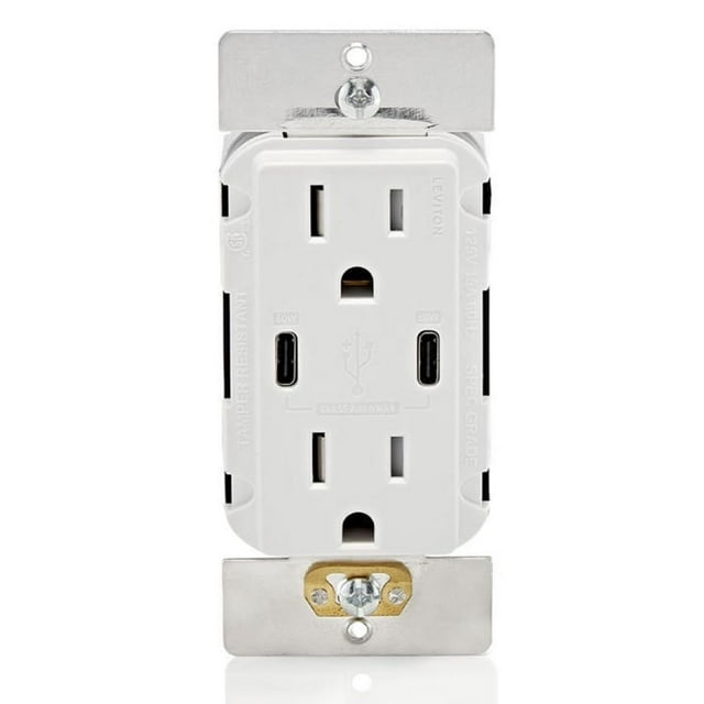 Leviton Chargeur Mural USB 60W (6A) Double Type-C/C avec Prise 15A Résistante aux Chocs, Chargeur USB pour Téléphone Intelligent, Tablettes, Ordinateurs Portables, T5
