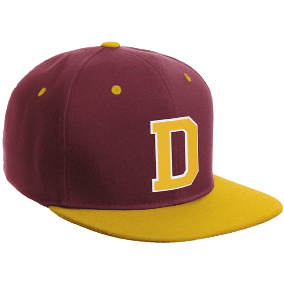 Daxton Classic Snapback Hat Custom A to Z Initial Varsity Letters, Burgundy Gold Hat White Gold Letter D