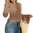 thumbnail image 2 of Camiseta de Larga Acampanada con Cuello Alto Y2K para Mujer, Camisa Ajustada con Ribete en Forma de Lechuga Caqui XL, 2 of 9