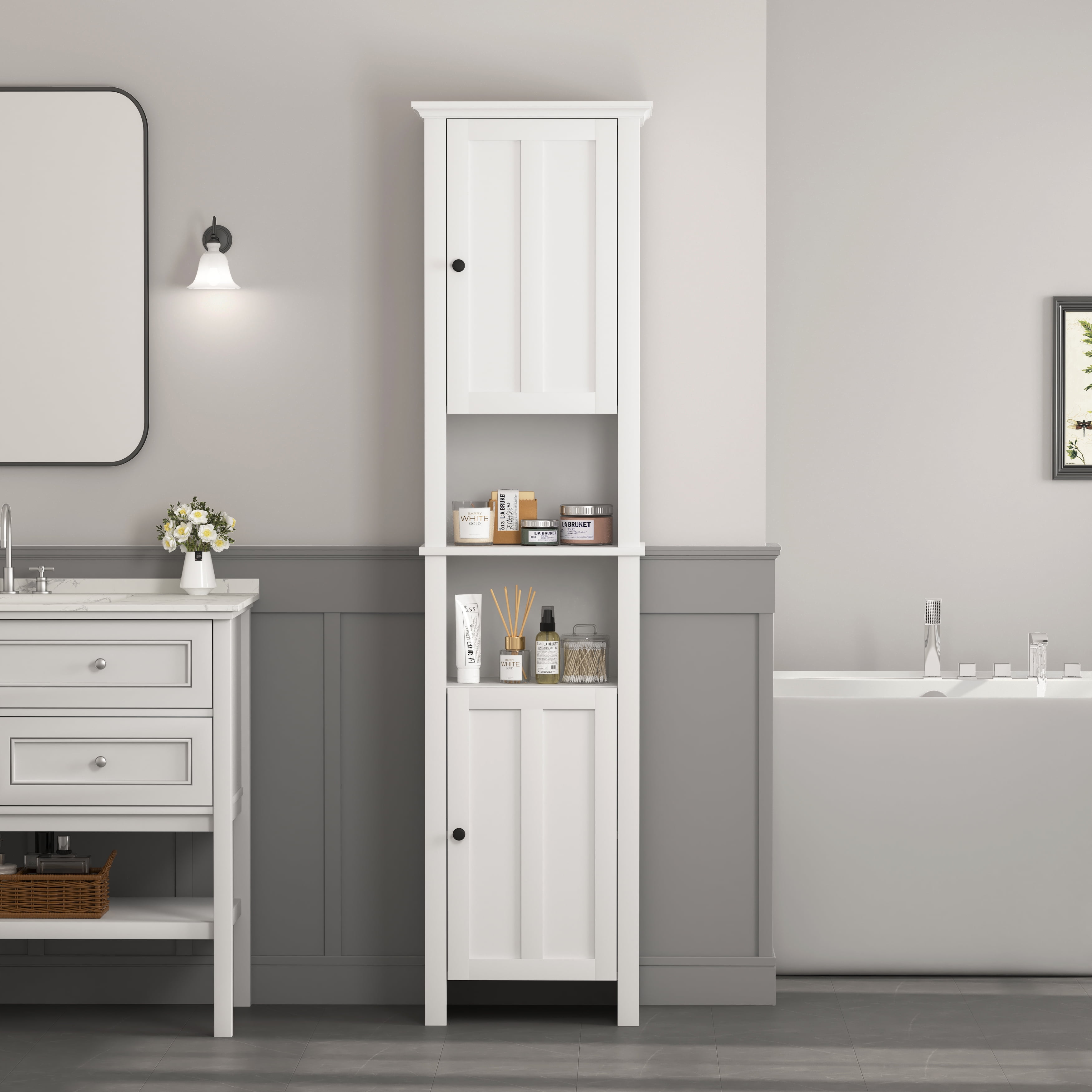 MAYEERTY Tall Bathroom Storage Cabinet with 2 Doors & 6 Shelves