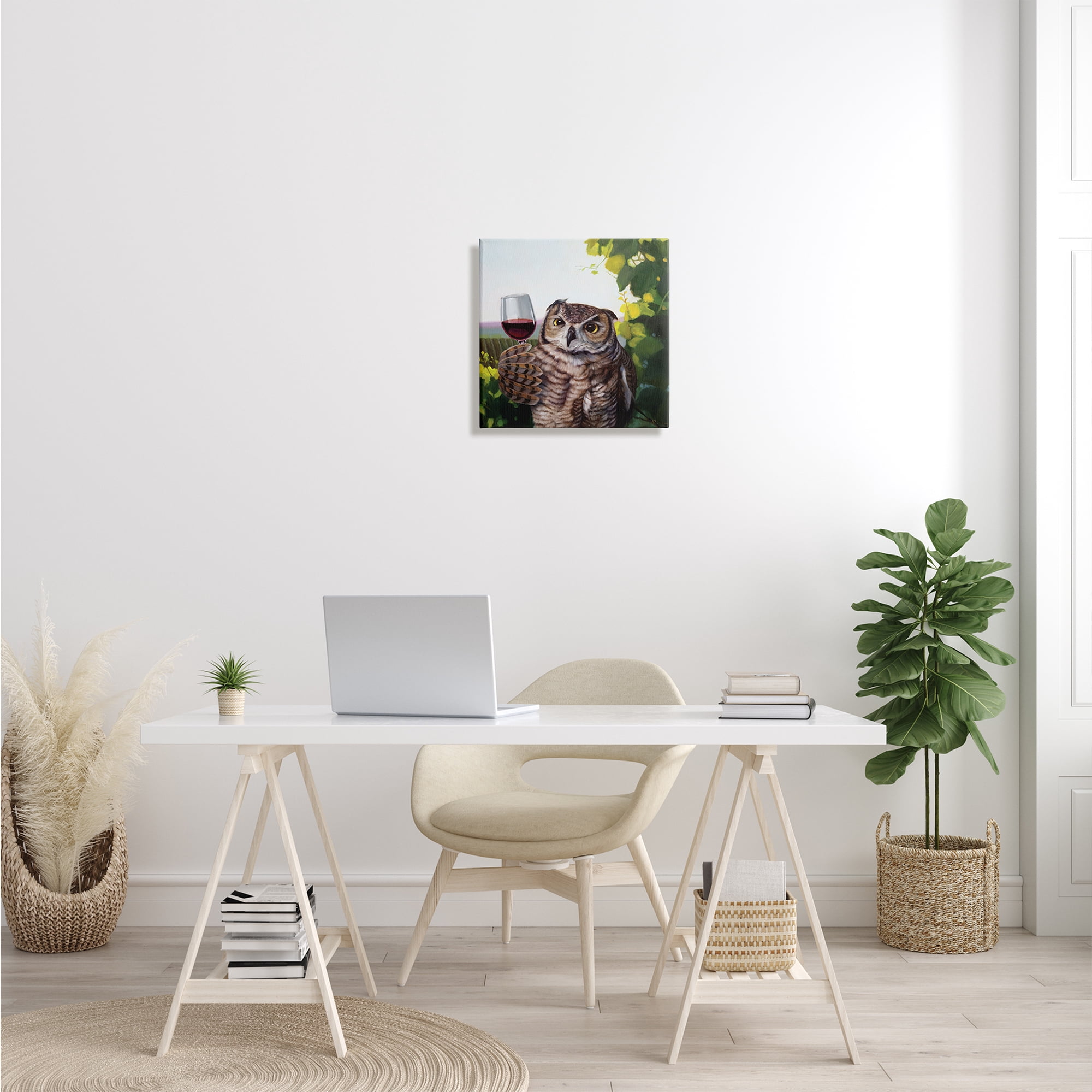 Great Horned Owl Drinking Red Wine Vineyard Bird Animals & Insects Gallery-Wrapped Canvas Print Wall Art, 17x17