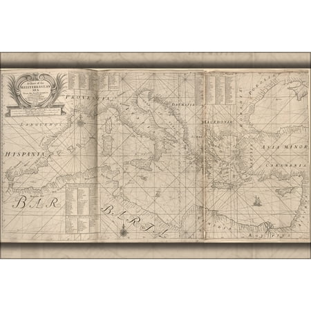 24"x36" Gallery Poster, map Chart of the Mediterranean Sea italy greece 1700