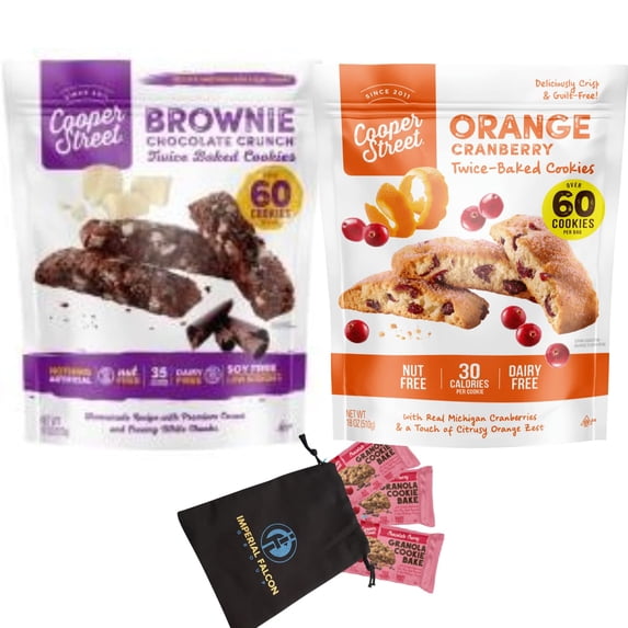 Cooper Street Cookies 18 oz All Natural Twice Baked Crispy Cookie, Nut & Dairy Free, Low Calorie Biscotti Style Brownie and Orange Cranberry 2 Pack With Bag of 3 Chewy Granola Bakes