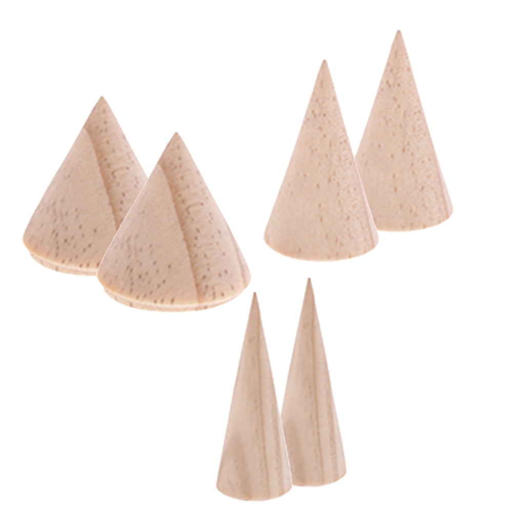 6 Pieces Unpainted Plain Cone Wooden Ring Rack Jewelry Display Stand Holder 