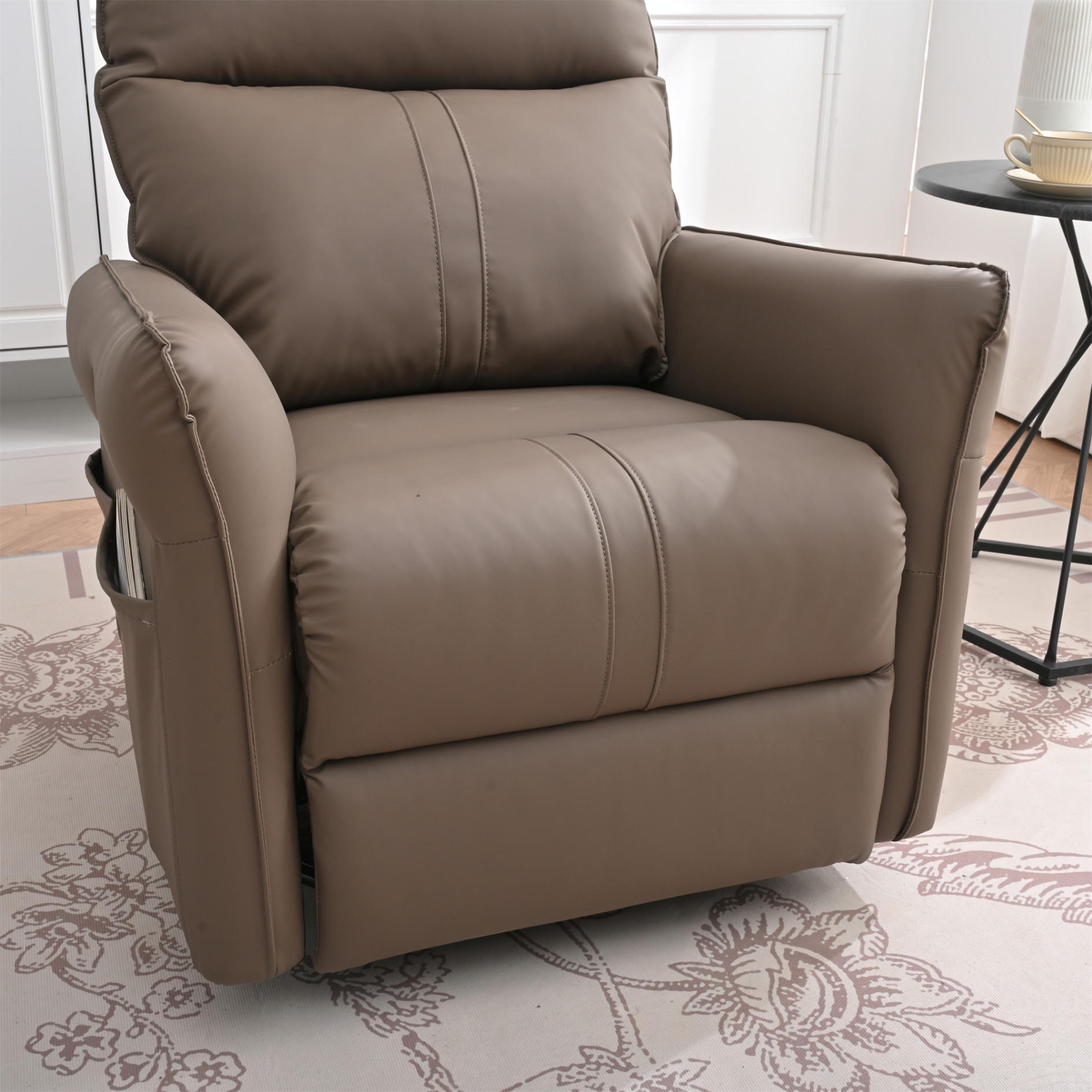 PU Rocking Recliner Chair,360° Swivel Nursery Rocking Chair,Glider Chair,Modern Small Rocking Swivel Recliner Chair for Bedroom,Living Room Chair Home Theater Seating, Side Pocket, Brown