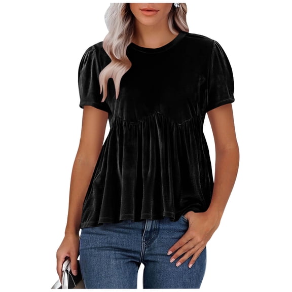 OGLCCG Womens Velvet Peplum Tops Casual Crewneck Pleated Blouse Summer Loose Fit Short Sleeve Flared Swing Pullover Shirts,L,Black