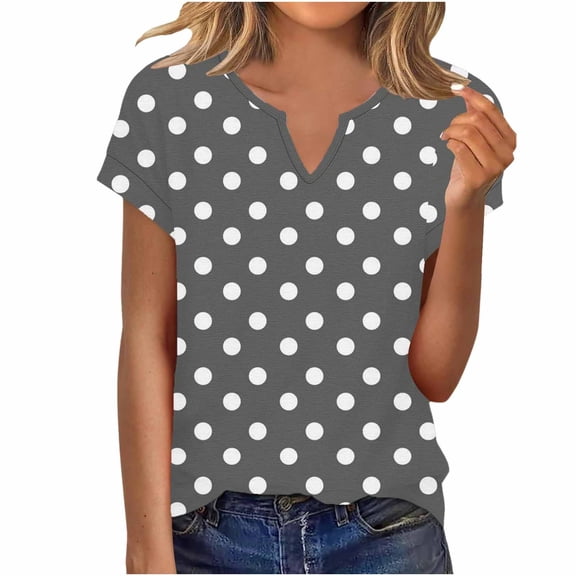 Olyvenn Womens Tops Polka Dot T Shirts Short Sleeve V Neck Summer Casual Loose Basic Tee Shirt Trendy Fashion Tee Clothes Gray XL