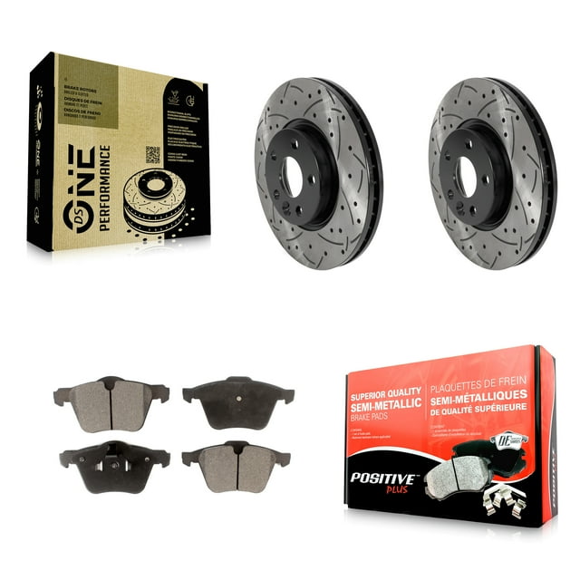 Transit Auto Front Coated Drilled Slotted Disc Brake Rotors and Semi-Metallic Pads Kit for Car 2008 Volvo V70 with 300mm Diameter Rotor KDF-100763