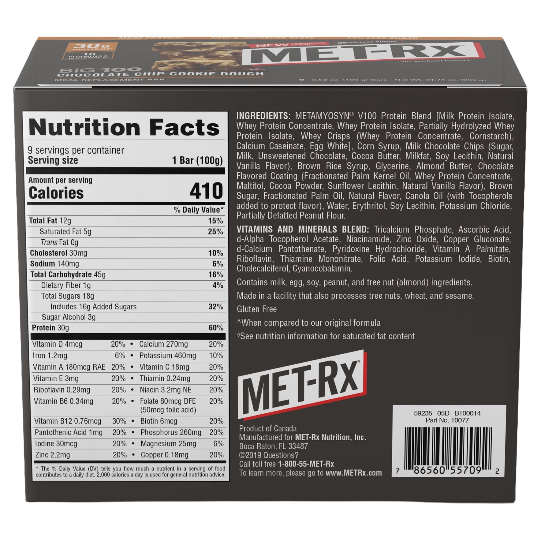 MET-Rx--Big 100 Chocolate Chip Cookie Dough Protein Bar--Protein Meal Replacement Bar--28g of Protein Per Bar--100g Bars, 9 Count
