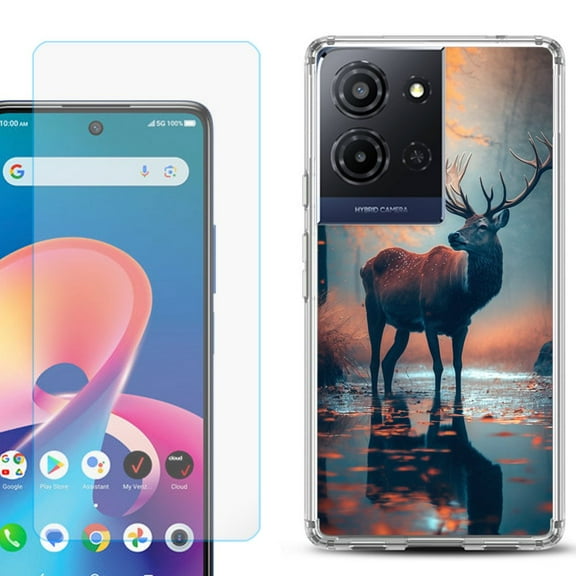 For TCL K32 5G Protective Shockproof Phone Case with Tempered Glass Screen Protector, by OneToughShield - Deer Autumn
