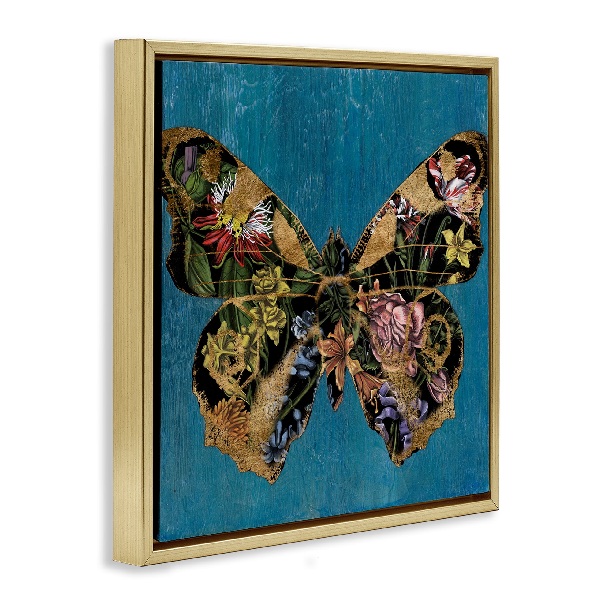 Stupell Industries Vivid Blue with Butterfly Animals Painting Gold Floater Framed Canvas Art Print Wall Art, 18 x 18