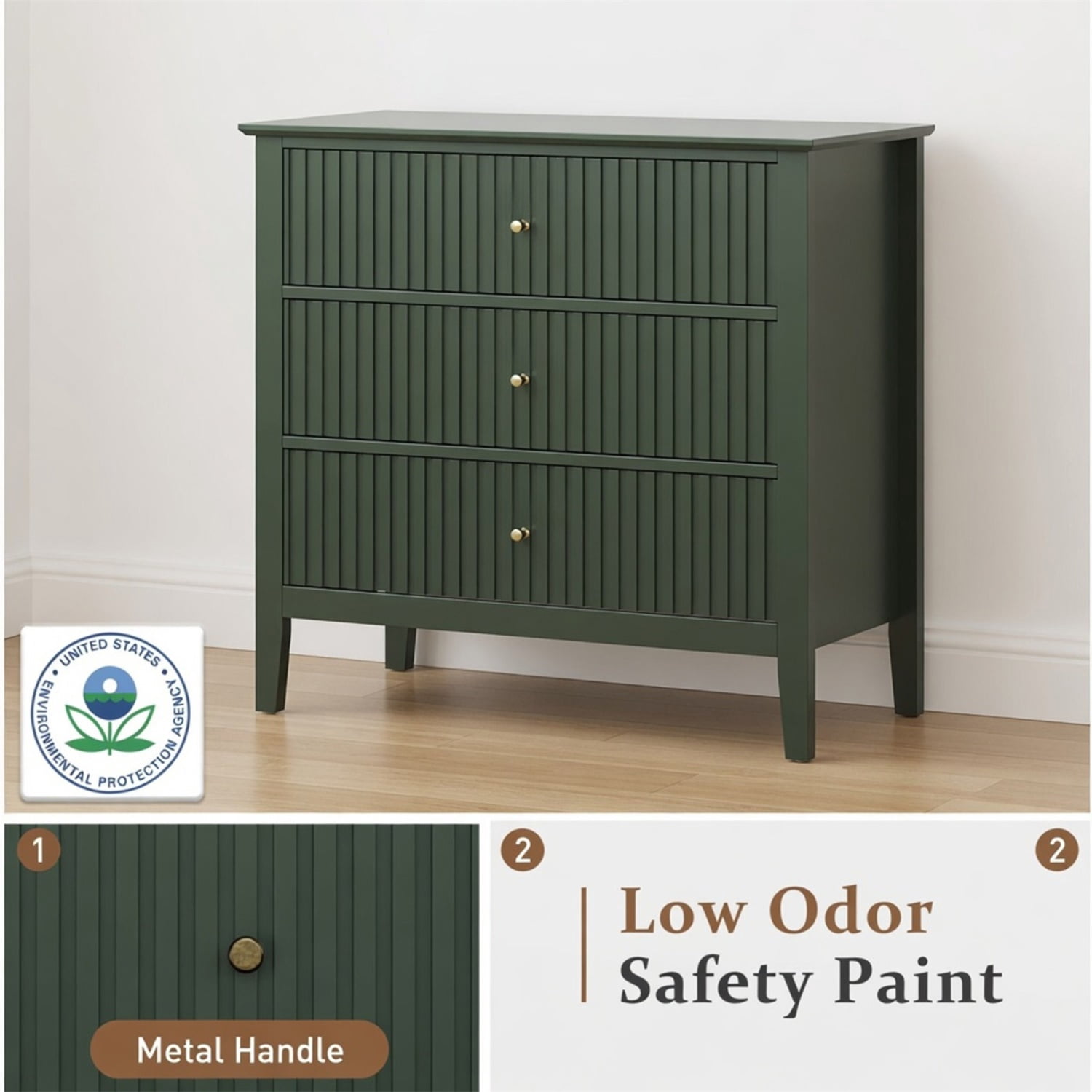 Hommoo 32"W Wooden Fluted 3-Drawer Nightstand, Large Modern Bedroom End Table, Green
