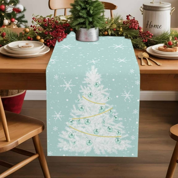 Christmas Teal Cotton Linen Table Runner Green White Xmas Tree Winter Snowflakes Dining Table Runners for Home Decor Party Dining Room Restaurant Kitchen Party 13" x 90"