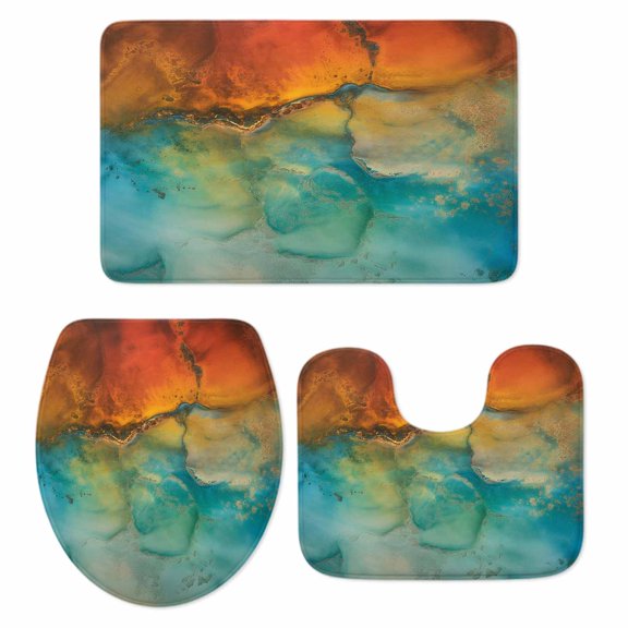 Abstract Bathroom Rugs Set Orange Teal Green Gradient Fluid Art Oil Painting Non Slip Absorbent Soft Bath Mats 3 Piece Set with Bathroom Rug, U-Shaped Floor Mat, Toilet Seat Cover Large Size