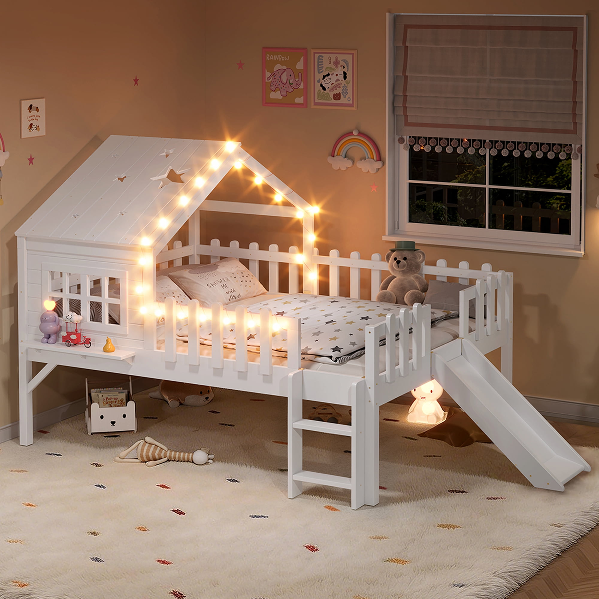 Mintazer Full Size Kids House Loft Bed with Slide & LED Lights, Modern Playhouse Bed with Star Shaped Designs & Ladder, No Box Spring Needed, White