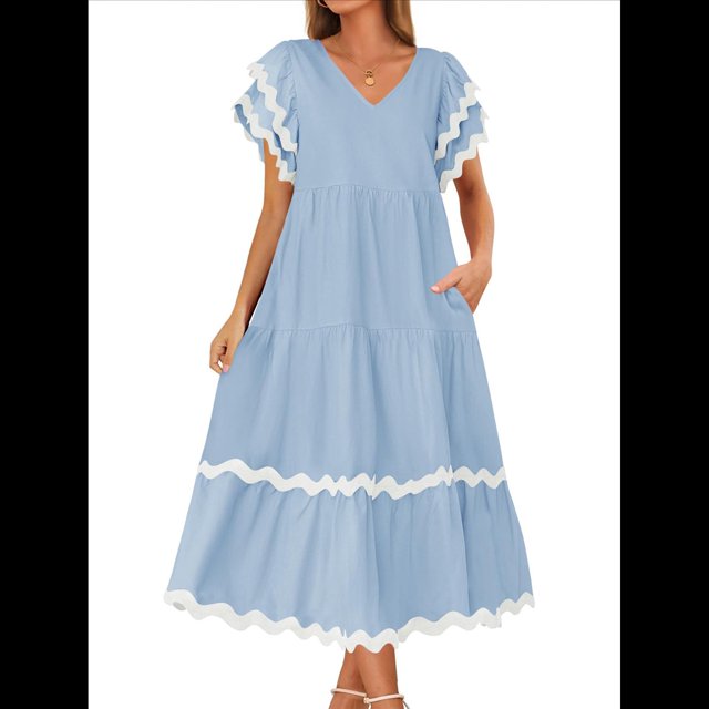 Vestido Midi Informal de Verano 2025 para Mujer, con Escote en V, Corta, Volantes, Corte A, . Azul XL